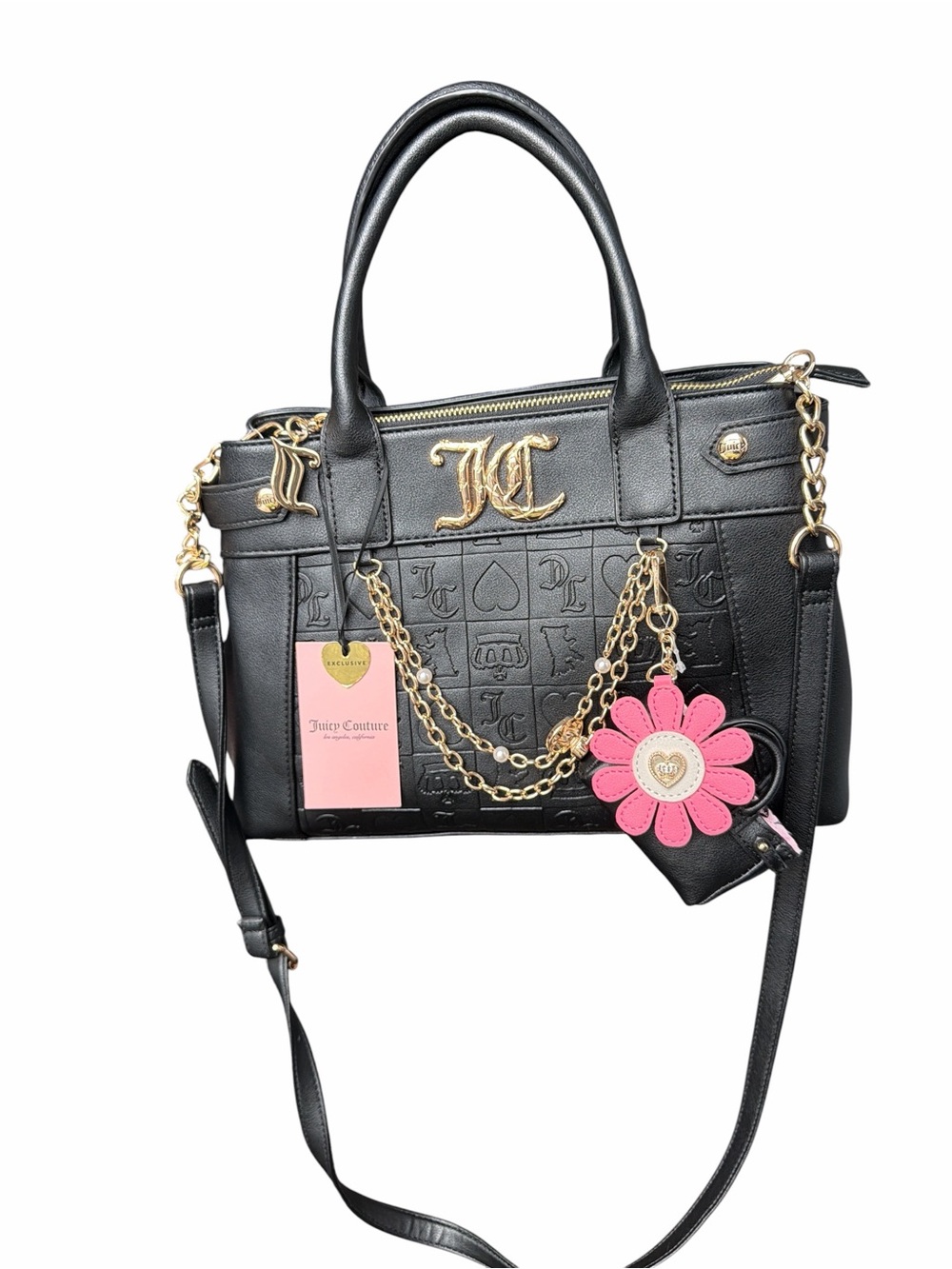 Juicy Couture Black Satchel with Gold Hardware and Pink Flower Charm